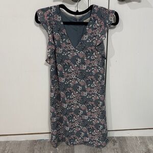 LOFT Grey and Pink Floral V-Neck Shift Dress with Blush Accents